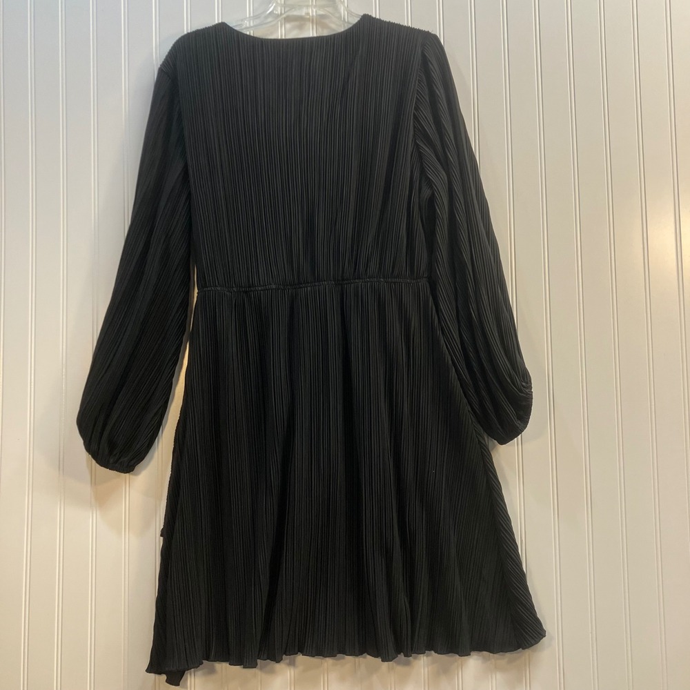Sandra Darren Womens Black Pleated Wrap Mini Dress Long Balloon Sleeve Size L - Picture 2 of 10